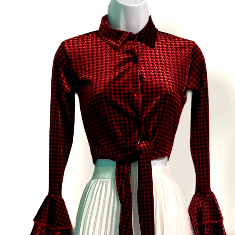 Red and Black Hounds Tooth Check Viscose.